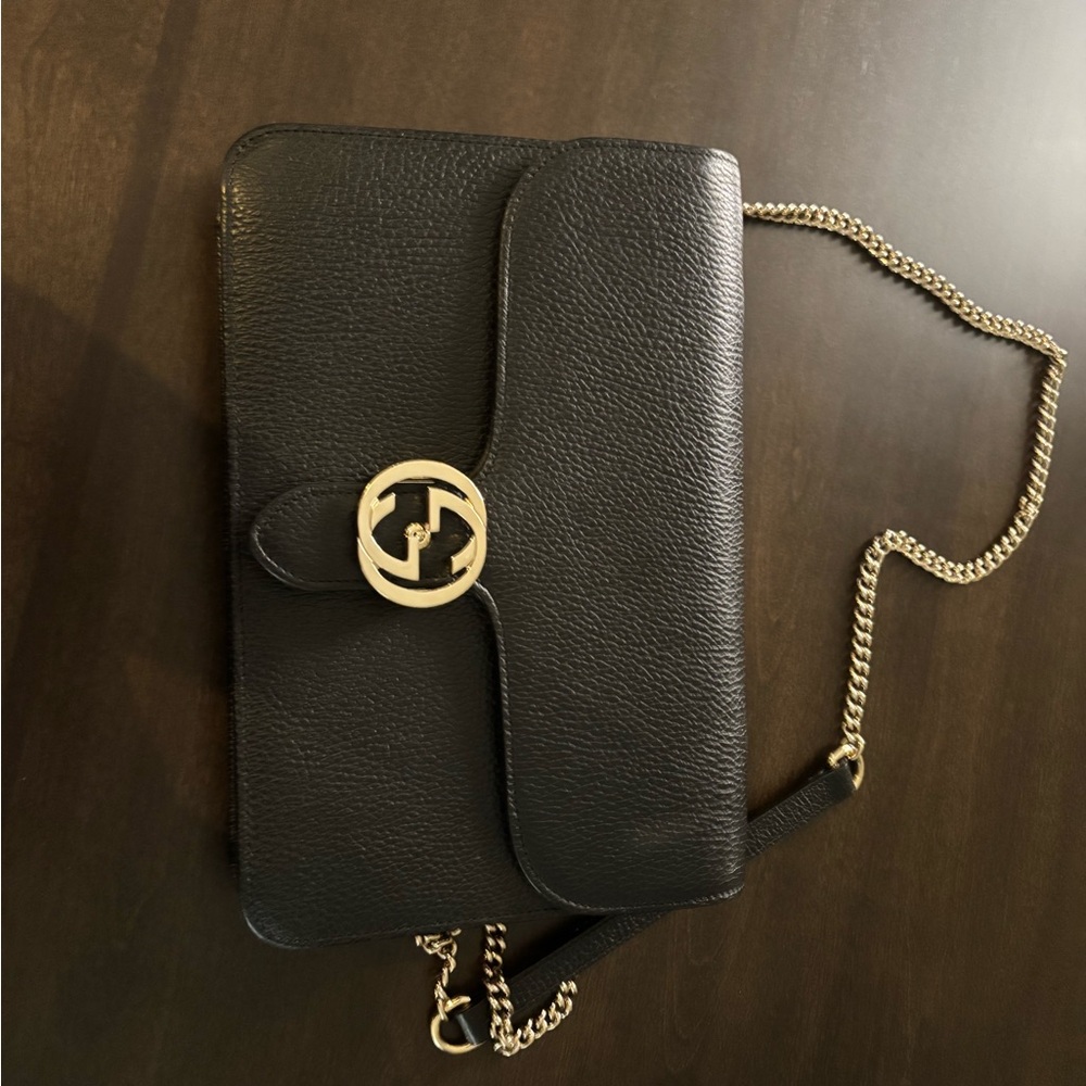 Gucci Black Crossbody Bag with Gold Chain Authentic